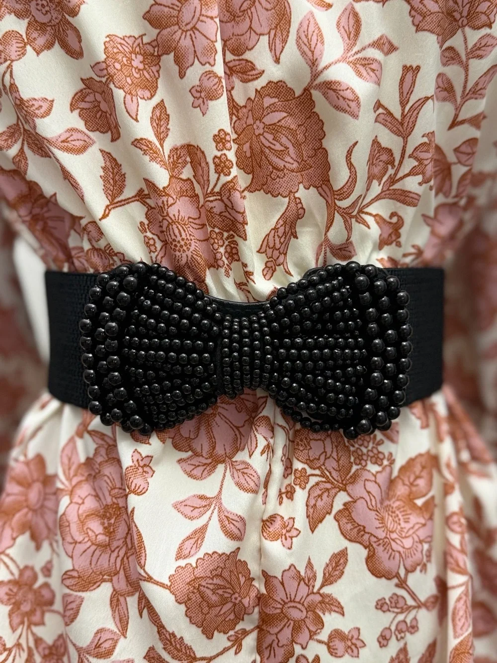 New Black Beaded Bow Wide Elastic Waist Belt Statement Cinch Belt